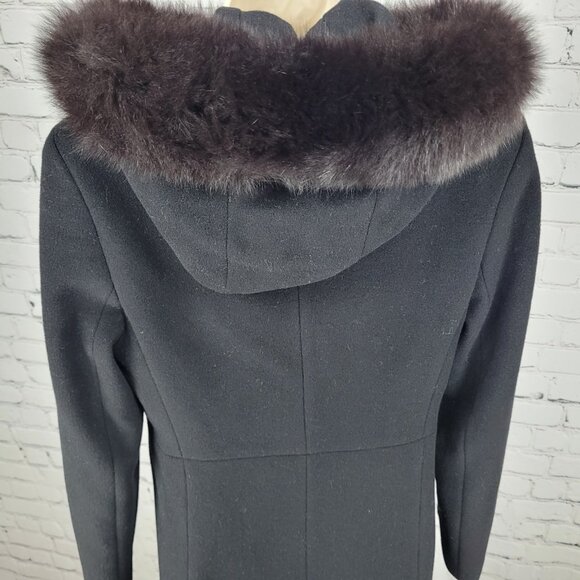 VTG Steve By Searle Black Italian Wool Fox Fur Trim Hooded Coat USA Made Size 6 - Picture 12 of 16